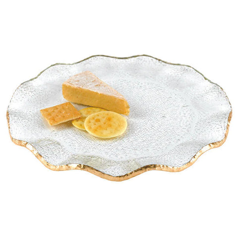 Gold Leaf Edge Mouth Blown Textured Glass 13" Round Wavy Platter/Charger